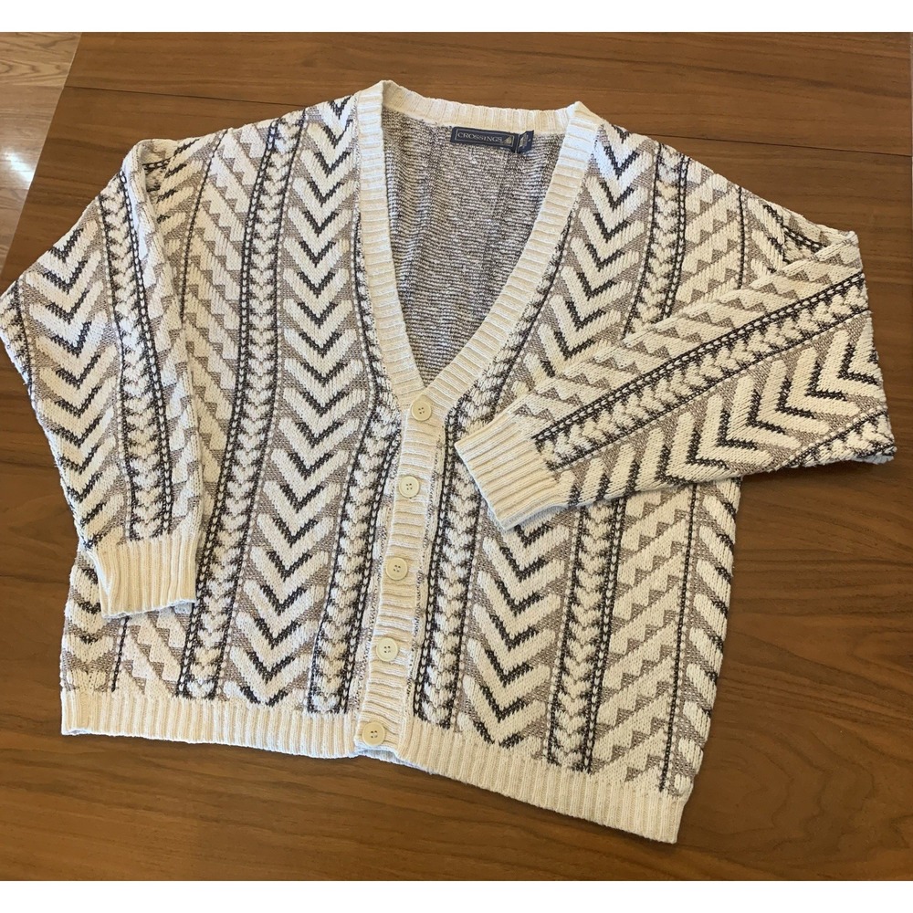 VTG Cardigan Sweater Mens L Crossings Herringbone Chevron Geometric USA Grandpa